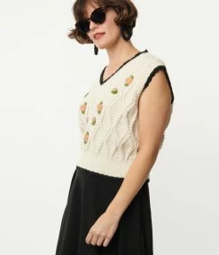 Dessin Studio Sale Ivory Cable Knit Floral Sweater Vest