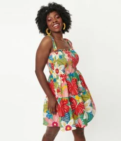 A Beauty By BNB Sale Multicolor Tropical Floral Smocked Flare Dress