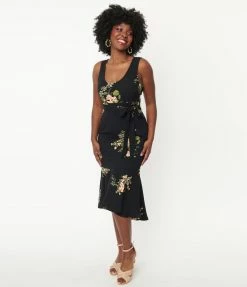 A Beauty By BNB Black & Pink Floral Print Trumpet Midi Dress Sale