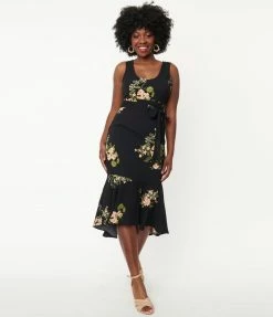 A Beauty By BNB Black & Pink Floral Print Trumpet Midi Dress Sale
