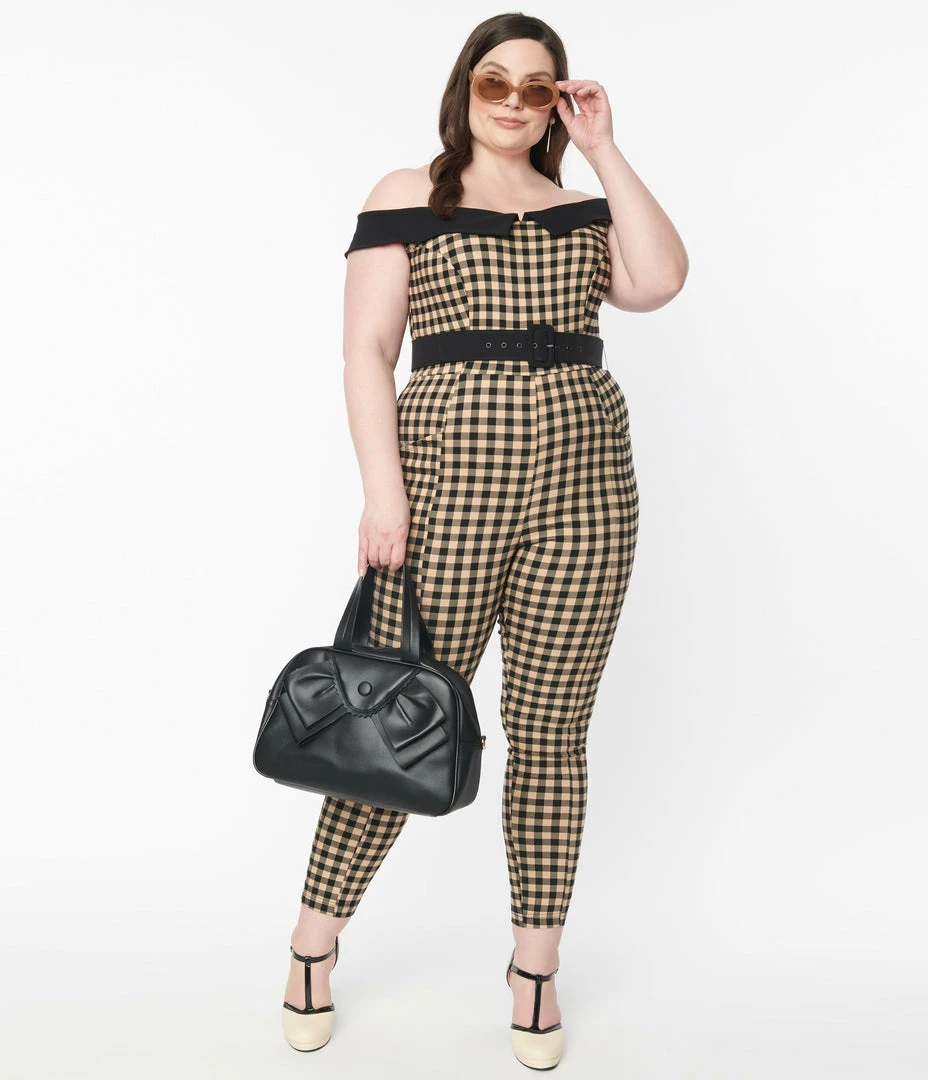 Rompers & Jumpsuits Unique Vintage Plus Size Tan & Black Gingham Gillian Jumpsuit