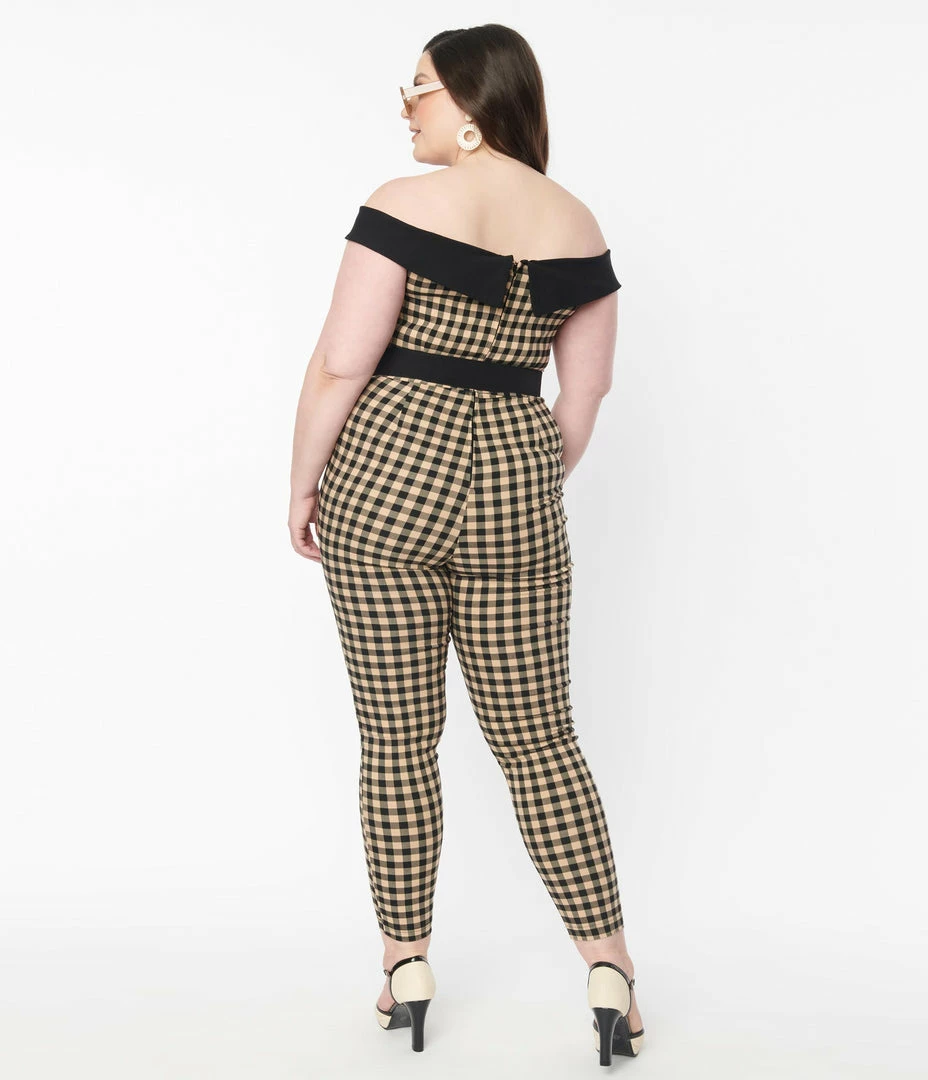Rompers & Jumpsuits Unique Vintage Plus Size Tan & Black Gingham Gillian Jumpsuit
