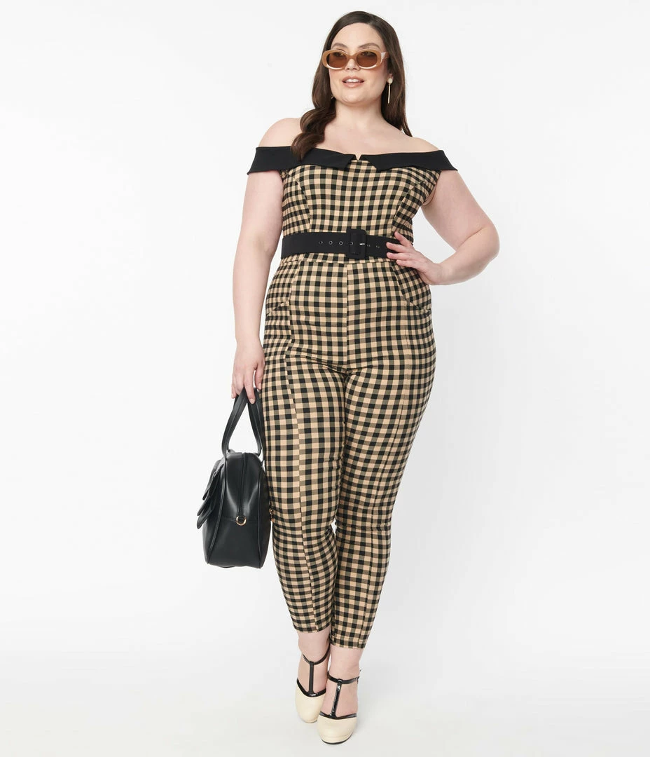 Rompers & Jumpsuits Unique Vintage Plus Size Tan & Black Gingham Gillian Jumpsuit