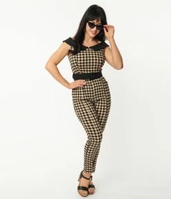 Sale Unique Vintage Tan & Black Gingham Gillian Jumpsuit