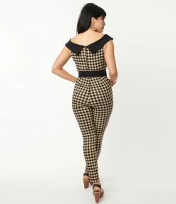 Sale Unique Vintage Tan & Black Gingham Gillian Jumpsuit