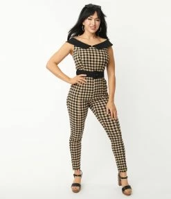 Sale Unique Vintage Tan & Black Gingham Gillian Jumpsuit