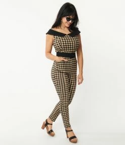 Sale Unique Vintage Tan & Black Gingham Gillian Jumpsuit