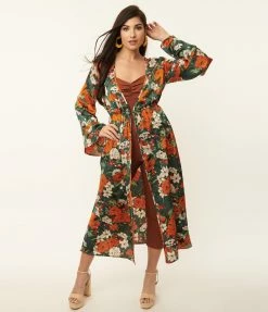 Unique Vintage Dark Green & Orange Floral Long Sleeved Kimono