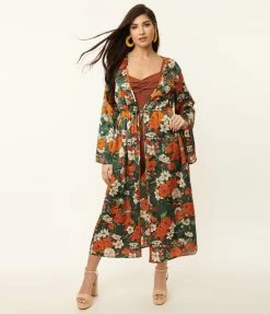 Unique Vintage Dark Green & Orange Floral Long Sleeved Kimono