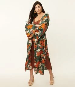 Unique Vintage Dark Green & Orange Floral Long Sleeved Kimono