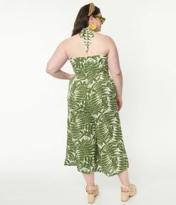 Unique Vintage Plus Size Green Tropical Print Halter Jumpsuit