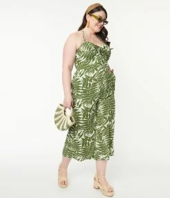 Unique Vintage Plus Size Green Tropical Print Halter Jumpsuit