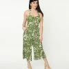 Sale Unique Vintage Green Tropical Print Halter Jumpsuit