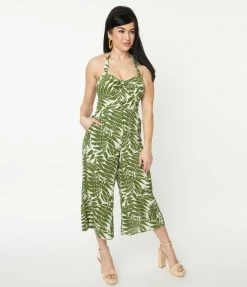 Sale Unique Vintage Green Tropical Print Halter Jumpsuit