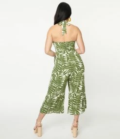 Sale Unique Vintage Green Tropical Print Halter Jumpsuit