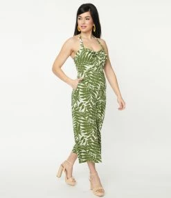 Sale Unique Vintage Green Tropical Print Halter Jumpsuit