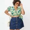 Unique Vintage Plus Size White & Teal Jungle Print Wrap Crop Top Sale