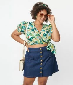 Unique Vintage Plus Size White & Teal Jungle Print Wrap Crop Top Sale