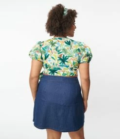 Unique Vintage Plus Size White & Teal Jungle Print Wrap Crop Top Sale