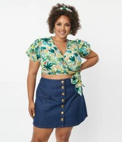 Unique Vintage Plus Size White & Teal Jungle Print Wrap Crop Top Sale