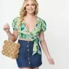 Unique Vintage White & Teal Jungle Print Wrap Crop Top Sale