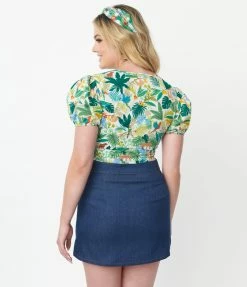 Unique Vintage White & Teal Jungle Print Wrap Crop Top Sale