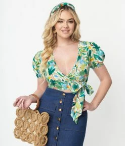 Unique Vintage White & Teal Jungle Print Wrap Crop Top Sale