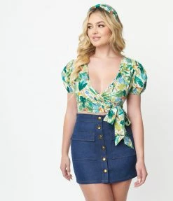 Unique Vintage White & Teal Jungle Print Wrap Crop Top Sale