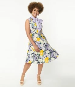 Unique Vintage Purple & Yellow Floral Swing Dress Sale