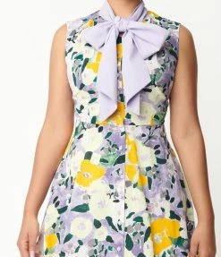 Unique Vintage Purple & Yellow Floral Swing Dress Sale