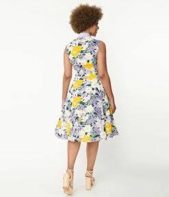 Unique Vintage Purple & Yellow Floral Swing Dress Sale