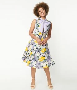 Unique Vintage Purple & Yellow Floral Swing Dress Sale
