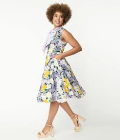 Unique Vintage Purple & Yellow Floral Swing Dress Sale