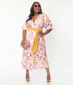 SmileyÃ‚Â® X Unique Vintage Plus Size Purple SmileyÃ‚Â® Florals Wrap Midi Dress