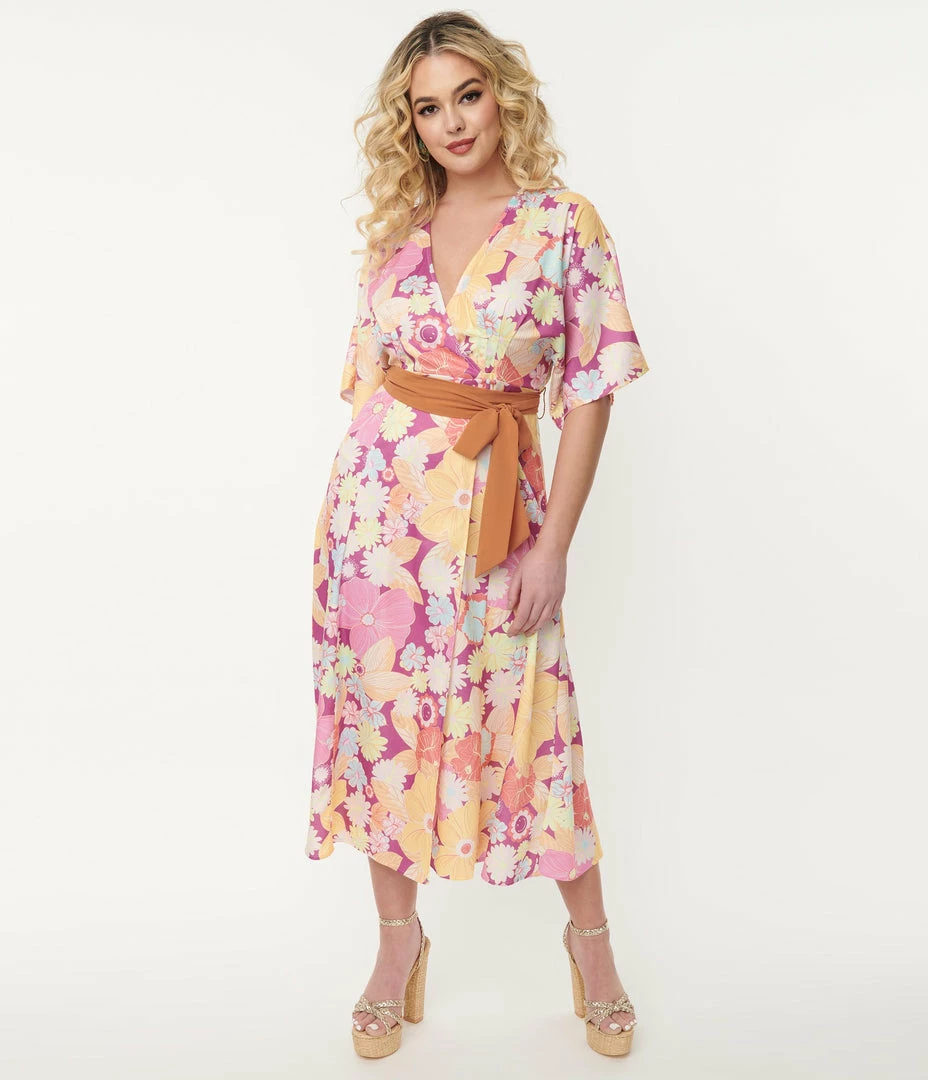 Smiley® X Unique Vintage Purple Smiley® Florals Wrap Midi Dress