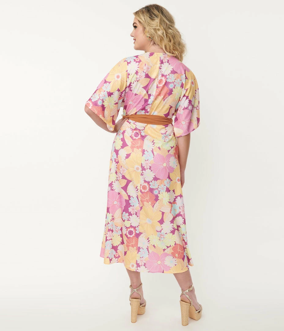 Smiley® X Unique Vintage Purple Smiley® Florals Wrap Midi Dress