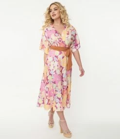 Smiley® X Unique Vintage Purple Smiley® Florals Wrap Midi Dress