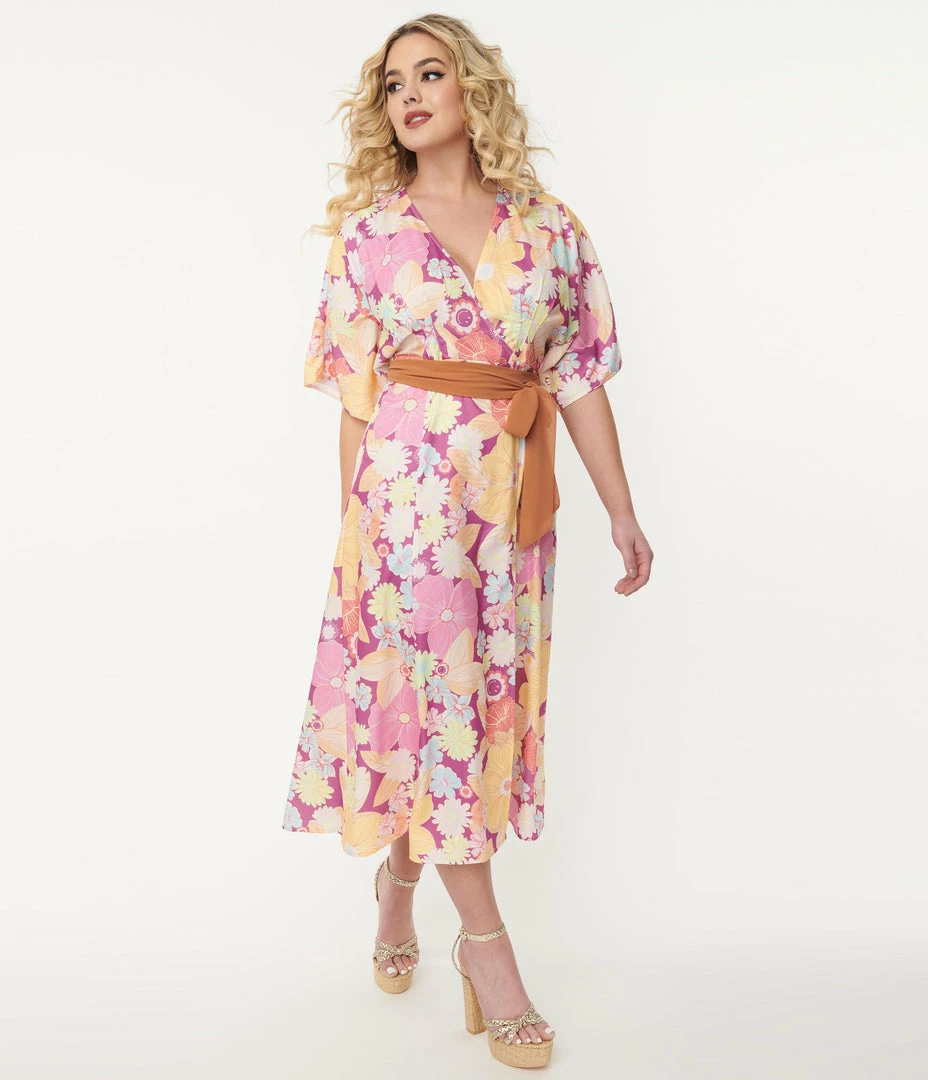 Smiley® X Unique Vintage Purple Smiley® Florals Wrap Midi Dress