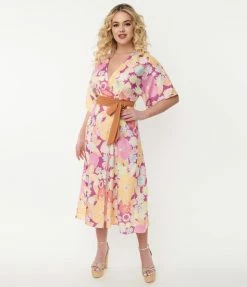 Smiley® X Unique Vintage Purple Smiley® Florals Wrap Midi Dress