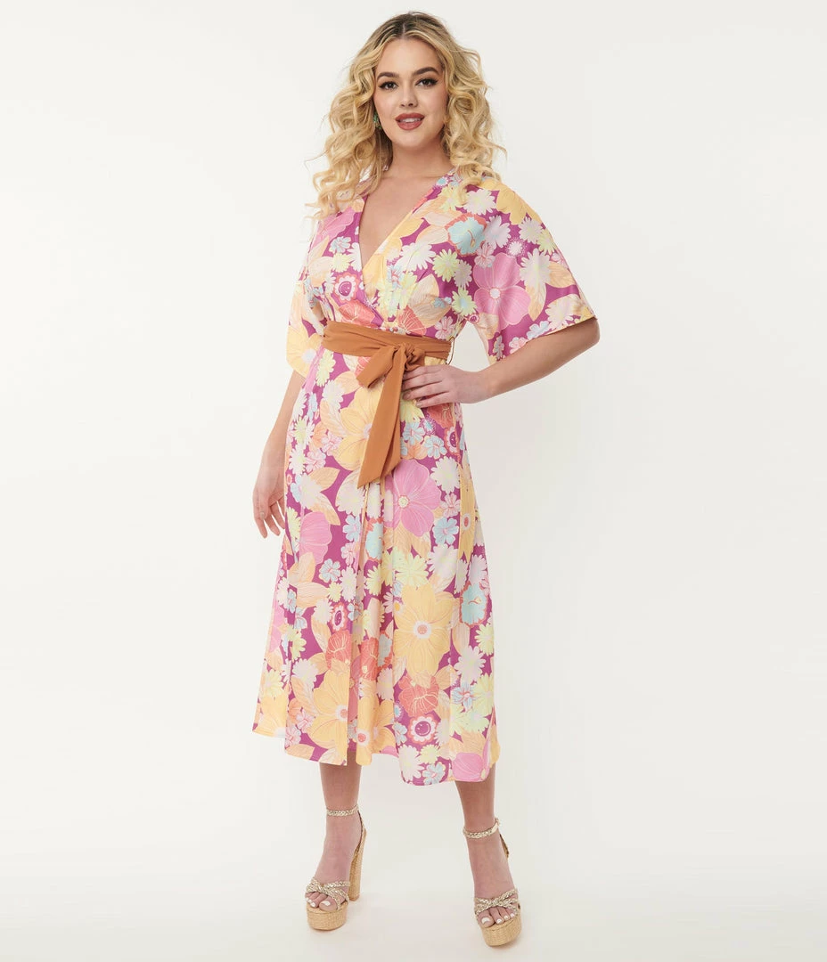 Smiley® X Unique Vintage Purple Smiley® Florals Wrap Midi Dress