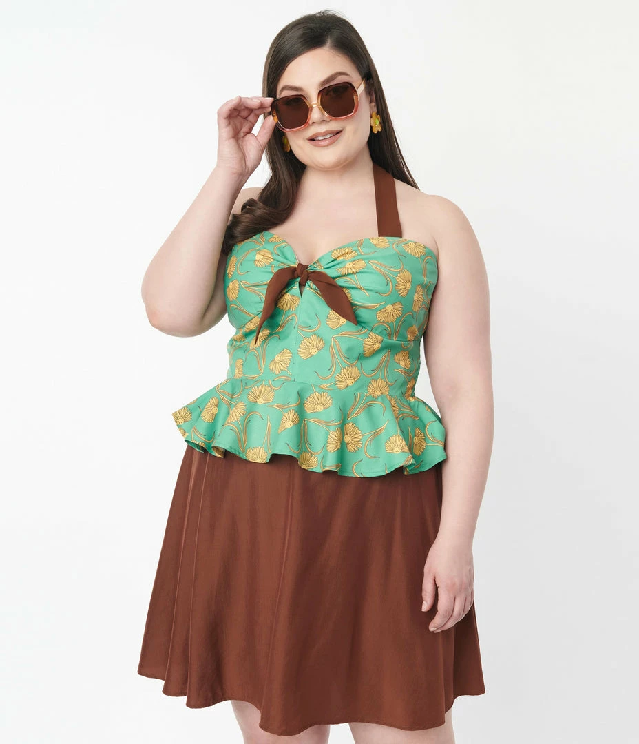 Smiley® X Unique Vintage Plus Size Green Smiley® Daisy Peplum Halter Top