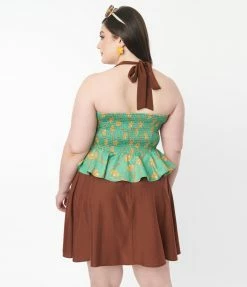 Smiley® X Unique Vintage Plus Size Green Smiley® Daisy Peplum Halter Top
