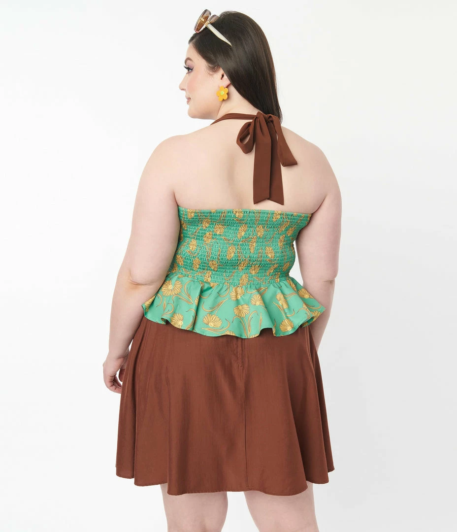 Smiley® X Unique Vintage Plus Size Green Smiley® Daisy Peplum Halter Top