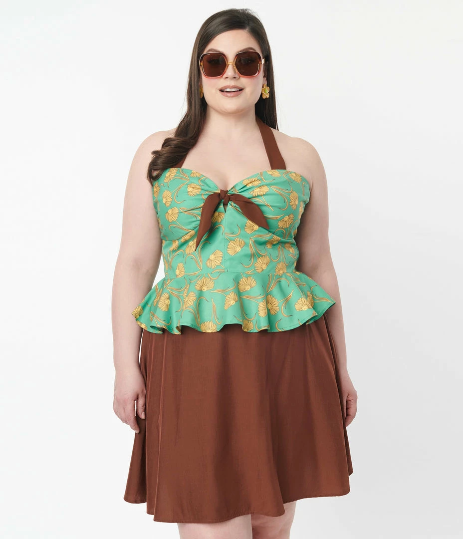 Smiley® X Unique Vintage Plus Size Green Smiley® Daisy Peplum Halter Top