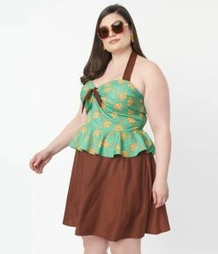 Smiley® X Unique Vintage Plus Size Green Smiley® Daisy Peplum Halter Top