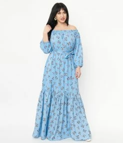 Unique Vintage Blue & Butterfly Sweet Escape Maxi Dress