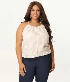 Sale Unique Vintage Plus Size Peach Gingham Dream Weaver Blouse