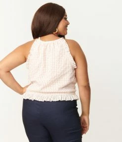 Sale Unique Vintage Plus Size Peach Gingham Dream Weaver Blouse
