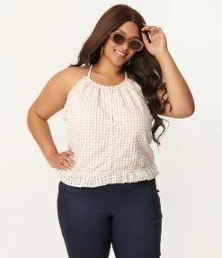 Sale Unique Vintage Plus Size Peach Gingham Dream Weaver Blouse