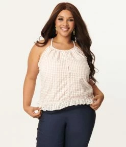 Sale Unique Vintage Plus Size Peach Gingham Dream Weaver Blouse